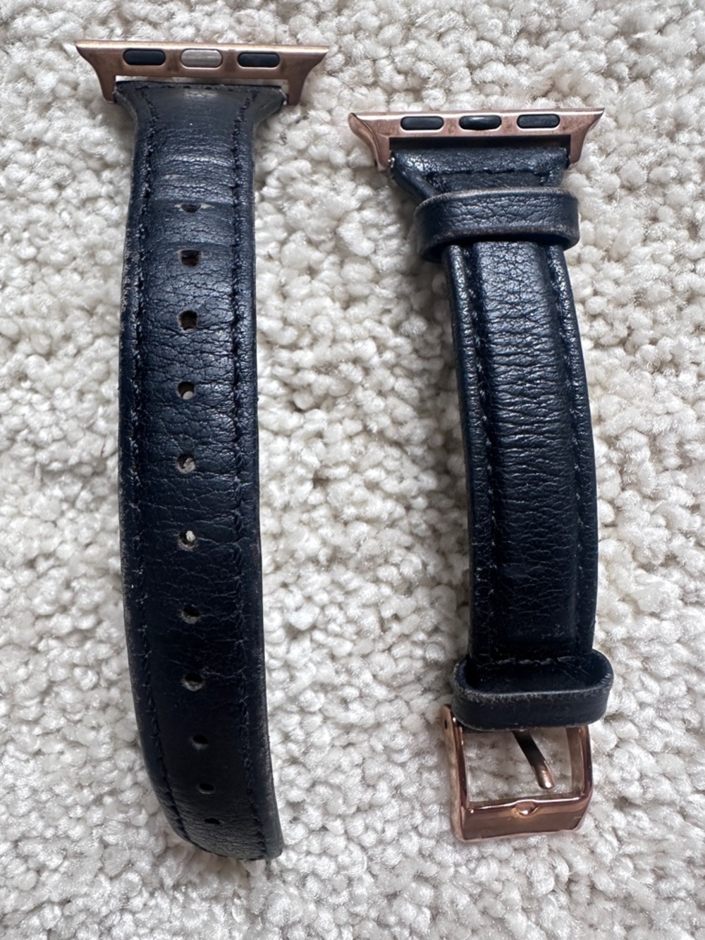 Black Leather Apple Watch Band with Rose Gold Connectors